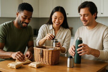 Group of friends preparing picnic food and thermoses together in cozy kitchen with warm light background, enjoying happy moment and sharing smiles. Ai generative