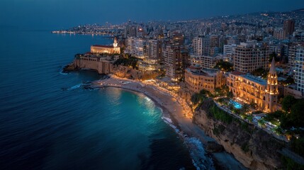 Obraz premium Lebanon Beach: Aerial View of Beirut's Beautiful Architecture and Blue Waters at Night