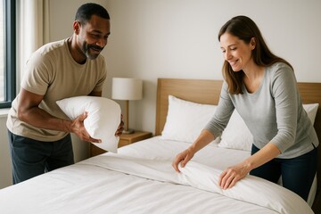 Fototapeta premium Couple making bed together in bright cozy bedroom, smiling and sharing chores, with natural light and minimal decor in background. Ai generative. Ai generative