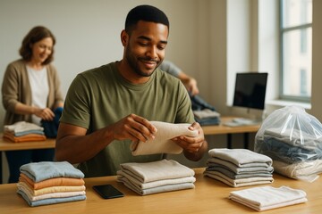 Smiling man folding clothes at table in bright room with others sorting garments in background for donation concept on light background. Ai generative