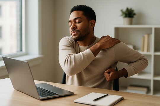 Tired man stretching shoulder while working on laptop at home office with notebook on desk and soft light background in modern creative workspace. Ai generative
