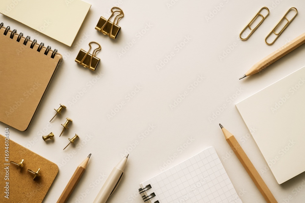 Poster top view of stationery items arranged around blank space on light desk background for branding or pr