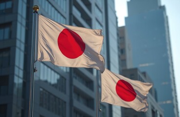 Japanese flags wave in wind against modern glass skyscrapers in city downtown. Red sun symbol on white background. National identity, patriotism, business travel concept.