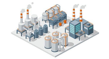 Isometric industrial plant with chimneys and storage tanks in modern design