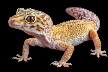 Naklejka premium Leopard Top View: Gecko Lizard on Black Background. Wildlife Reptile in Nature
