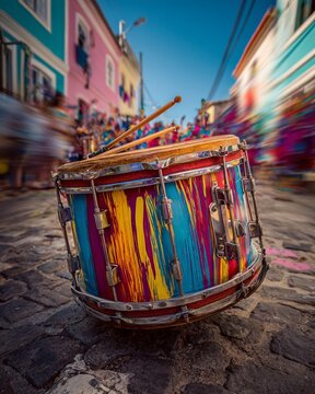 Vibrant Street Scene Featuring a Brazilian Cuica Drum A Closeup of Rhythmic Percussion in a Colorful Urban Setting
