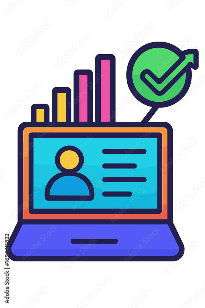 Poster laptop screen displaying profile information and growth chart icons business monitoring system uptim