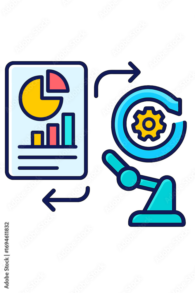 Poster business analytics with charts and robotic arm illustration business reporting flow automation