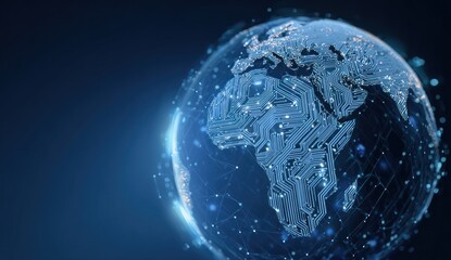 Digital world map, glowing circuit board design