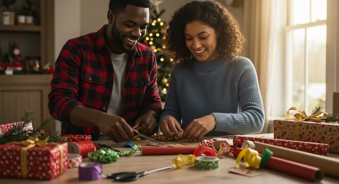 A loving couple comes together during the holiday season to wrap gifts, sharing a heartwarming moment of festive joy and togetherness. - Powered by Adobe