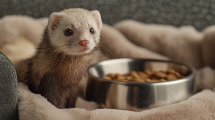 Cute Ferret Curiously Looking at Food Bowl