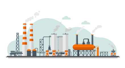 Obraz premium Industrial factory with smokestacks and equipment in flat design