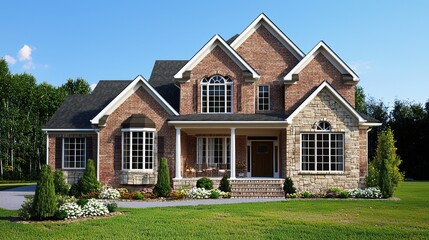 A two-story brick house with a gable roof and stone accents, surrounded by a well-maintained lawn and a garden with a variety of plants and flowers.