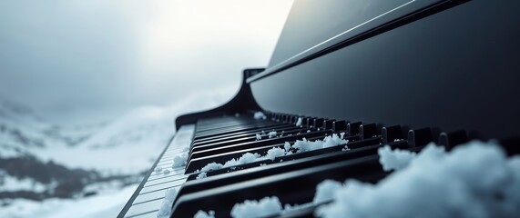 Grand piano covered in snow in a winter wonderland