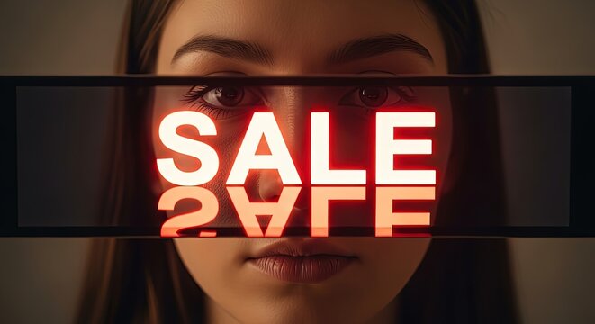 Intense close-up of woman's eyes reflecting bright red 'SALE' sign, creating urgency and desire for deals