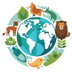 World Animal Day Logo Design Vector Icon with Animals on Globe for Wildlife Conservation and Environment, Flat EPS Vector Icon on White Background

