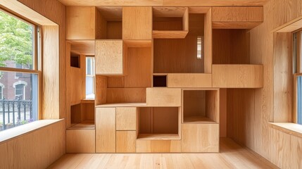 Light-toned wood paneling creates a room filled with built-in cubbies and shelves