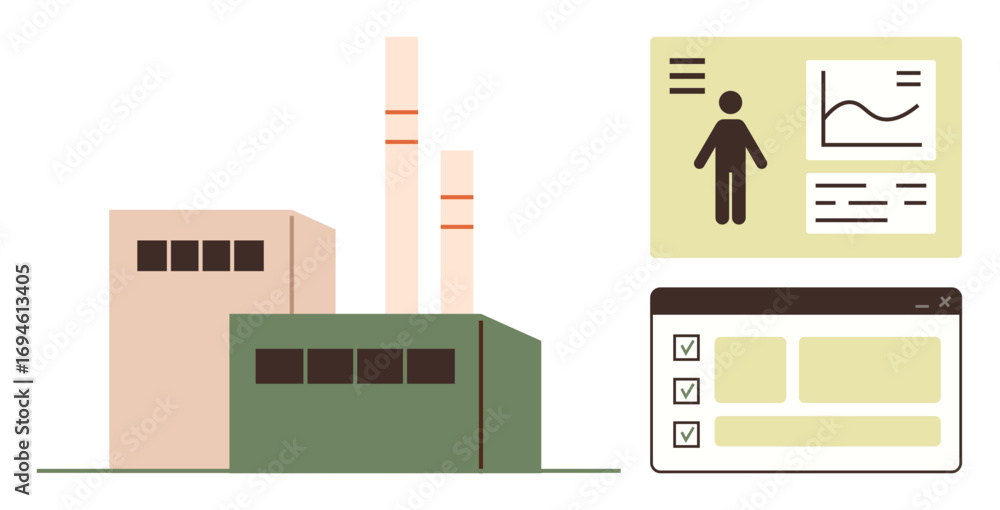Aufkleber factory buildings with chimneys paired with data visualization dashboard and checklist interface. id
