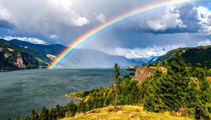 Scenic river valley with double rainbow