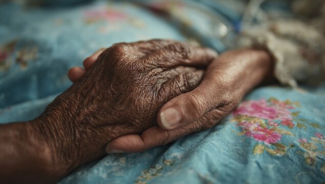 Close-up of two elderly hands clasped together