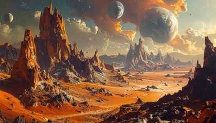 A vast, otherworldly landscape unfolds, featuring towering, sandstone-colored rock formations rising dramatically against a dramatic, sunset-tinged sky filled with celestial bodies.