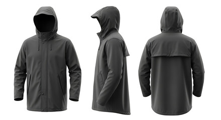 Gray Rain Jacket with Hood - Front, Side, and Back View