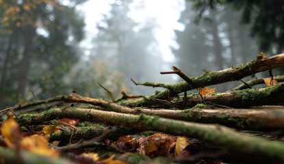 Fallen branches and autumn leaves in a misty forest