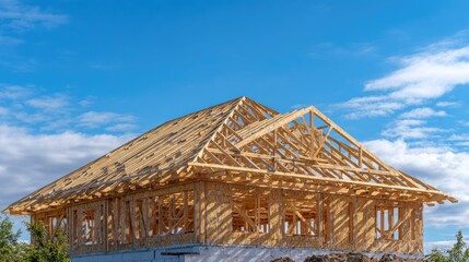 Wooden house framing against a clear blue sky.