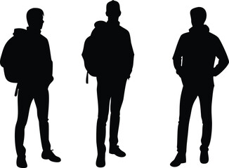 Three Silhouetted Figures Wearing Hoodies and Jeans Isolated on a White Background