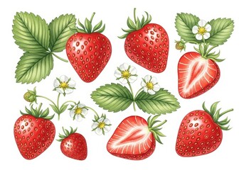 Watercolor-style illustration of fresh strawberries, cut halves, leaves, and white blossoms against a white background
