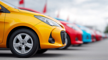 Row of colorful cars parked outdoors with focus on shiny yellow vehicle in front, concept of automotive industry, transport, rental and consumer choice with copy space for advertisement.
