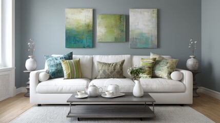 Modern living room interior with a white sofa, decorative pillows, coffee table with tea set, and abstract paintings on a blue-grey wall