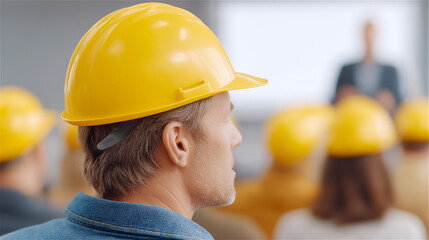 Side view of construction worker wearing yellow helmet during training session, concept of education, teamwork, safety and professional industry knowledge with blurred background and copy space.