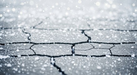 Cracked Asphalt Surface with Falling Snowflakes winter