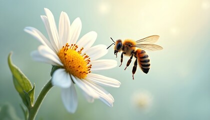 Obraz premium Macro shot of honeybee hovering near white daisy flower. Insect detailed with fuzzy body, translucent wings. Soft light illuminates scene, pollination, nature delicate beauty in springtime.