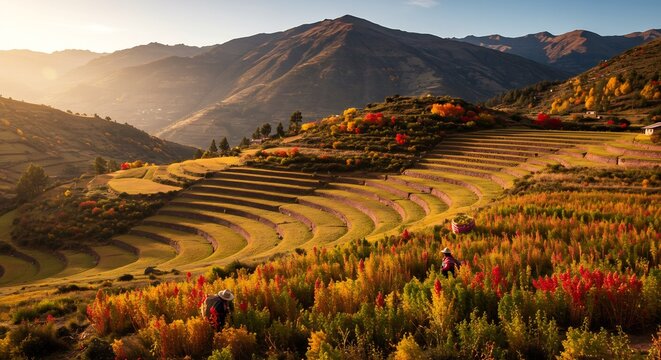 Golden light bathes the tranquil landscape. Scenic terraced fields nestle against majestic mountain, embracing the changing colors of autumn.