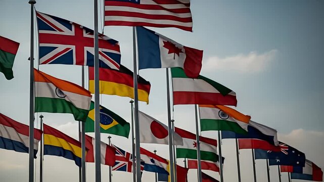 Global Harmony: A vibrant gathering of flags from across the globe flutter proudly against a dramatic sky, symbolizing international unity, cooperation, and the interwoven tapestry of world cultures.