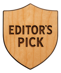 Wooden shield tag with EDITOR'S PICK label in bold lettering, distinctive retail promotion offer on transparent background.