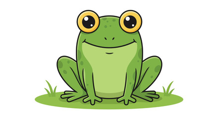 A charming cartoon frog standing upright on a patch of grass, isolated on white background, showcasing its bright green color and endearing expression