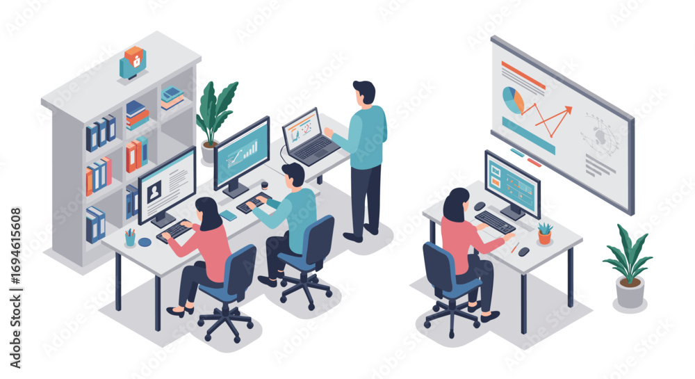 Poster modern office workspace with professionals analyzing data in isometric design