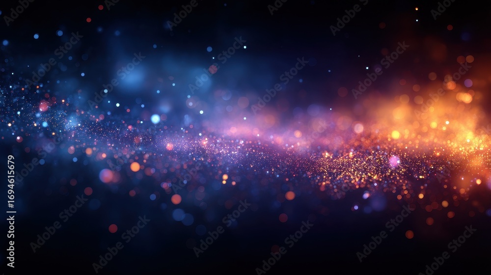 Poster abstract background with glowing blue and orange particles creating a cosmic glitter effect with sof