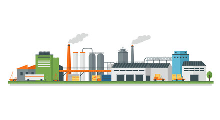 Modern industrial factory landscape with warehouses and smokestacks