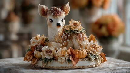 Beautifully Crafted Cake Decoration Featuring a Fawn Surrounded by Floral Accents