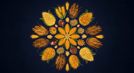 A visually stunning mandala, meticulously crafted from various grains and seeds, radiates a natural elegance, portraying themes of abundance and the bounty of the earth. 