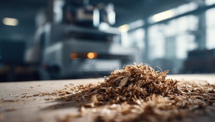 Wood chips on a workbench in a factory