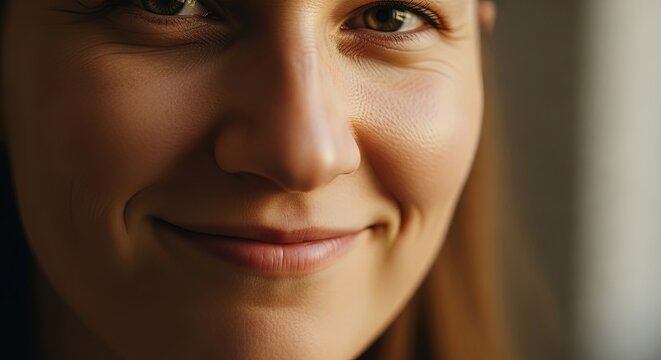 Genuine smile from a woman with warm eyes, conveying happiness and approachability in soft light