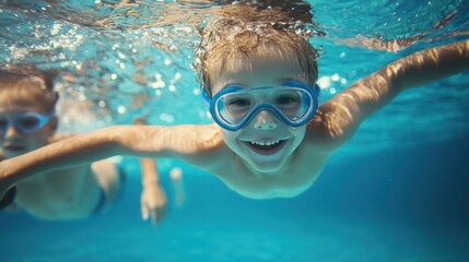Fototapeta premium Two children swimming underwater in a pool. The boy is wearing a blue swimming cap and goggles, and the girl is wearing a blue swimsuit. They are both smiling and looking at the camera.