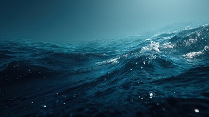 Dark blue ocean surface with turbulent waves and sea spray under a moody sky creating a dramatic and powerful natural background