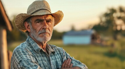 Fototapeta premium An elderly man wearing a straw hat and plaid shirt, standing in a field with a barn in the background.