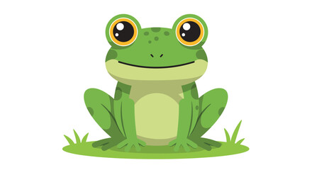 A charming cartoon frog standing upright on a patch of grass, isolated on white background, showcasing its bright green color and endearing expression